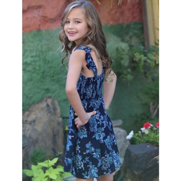 Floral Ruffle Sleeve Strap Dress Girls Blue Casual - Picture 2 of 8